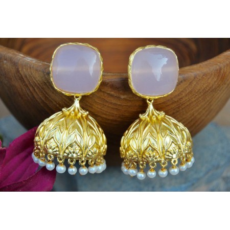 Rose Quartz Square Stud Semi-precious 18K Gold Plated Jhumka Earrings 